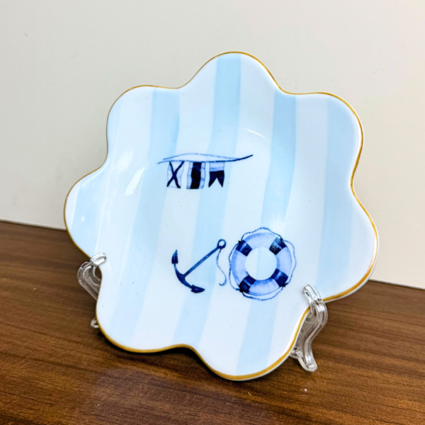 PRATO DE SOBREMESA NAUTICO EM PORCELANA DECORADA - COLEÇAO MAR