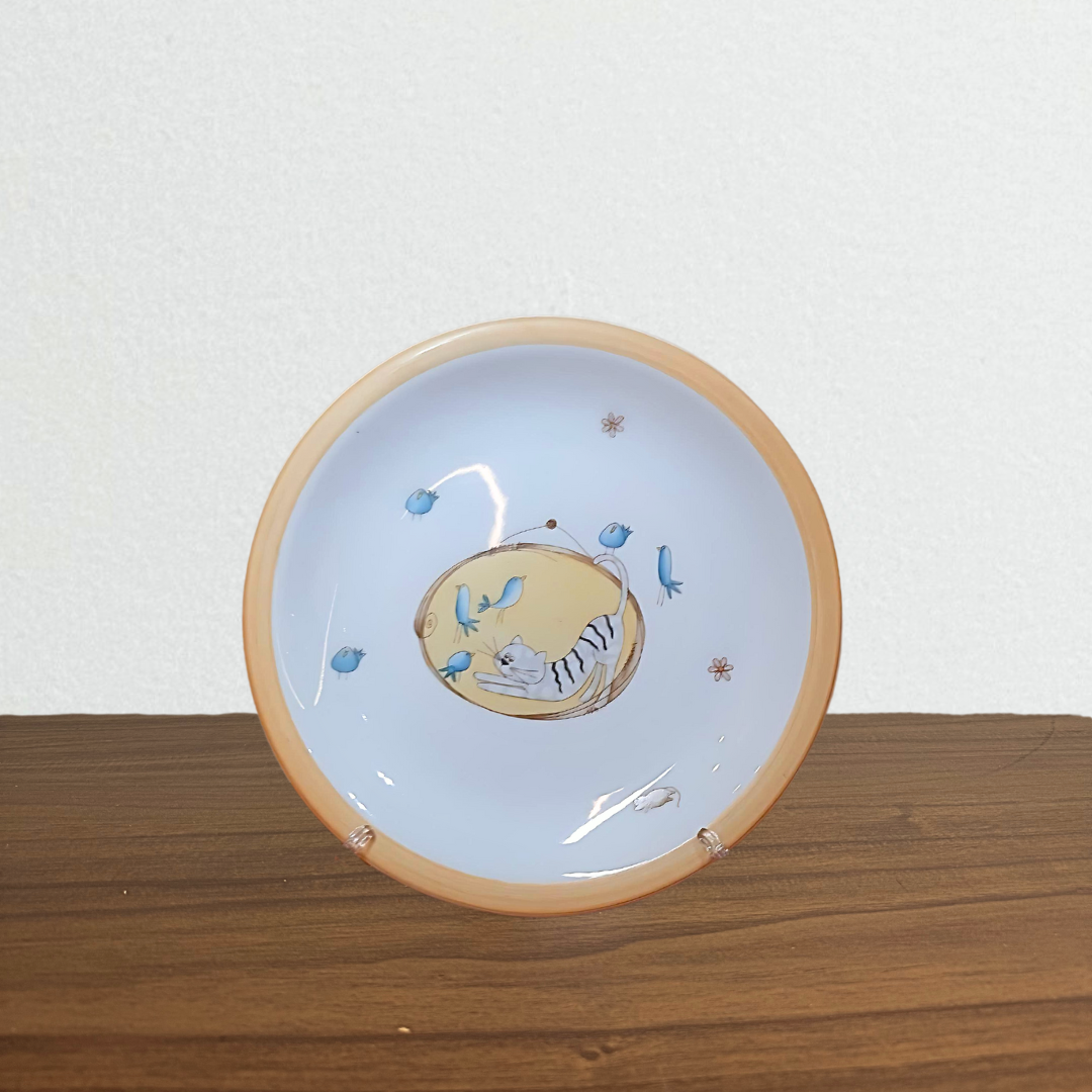 GATINHO E GAIOLA - PRATO DE SOBREMESA EM PORCELANA DECORADA